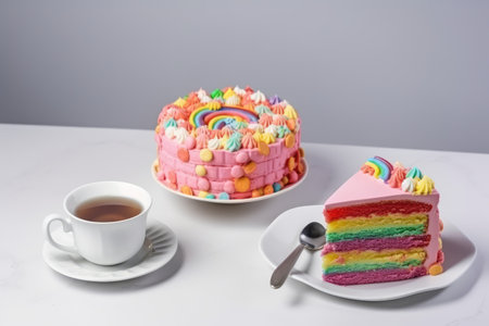 Delicious and beautiful cake with rainbow colors, served with tea or coffee by generative AIの素材
