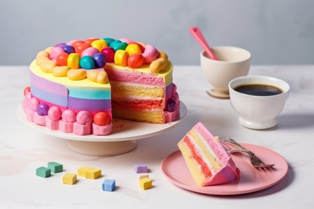 Delicious and beautiful cake with rainbow colors, served with tea or coffee by generative AIの素材