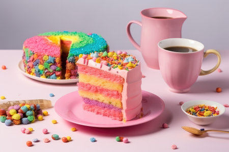 Delicious and beautiful cake with rainbow colors, served with tea or coffee by generative AIの素材