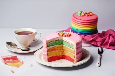 Delicious and beautiful cake with rainbow colors, served with tea or coffee by generative AIの素材