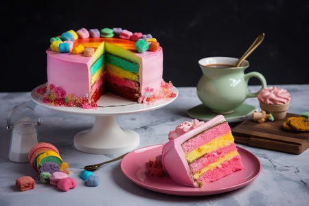 Delicious and beautiful cake with rainbow colors, served with tea or coffee by generative AIの素材