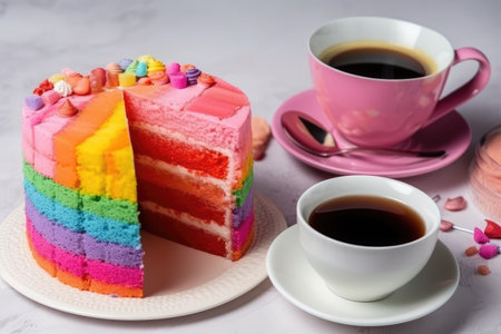 Delicious and beautiful cake with rainbow colors, served with tea or coffee by generative AIの素材