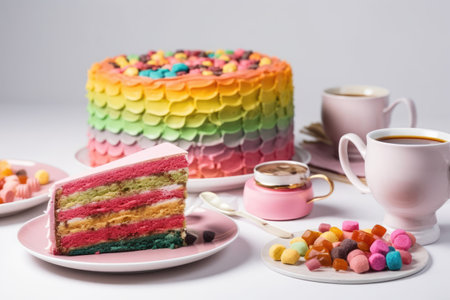 Delicious and beautiful cake with rainbow colors, served with tea or coffee by generative AIの素材