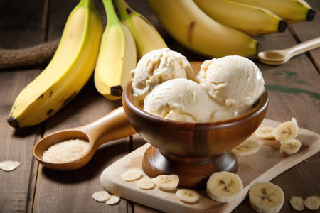 Frozen treat. Sweet Banana Ice Cream. Enjoy a creamy, fruity, and refreshing dessert that's dairy-free and vegan by generative AIの素材