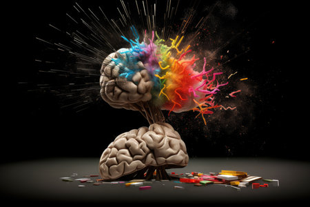 Brain with colorful powder explosion on a dark background. Mental health, creativity, innovation, and ideas concept by generative AIの素材