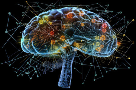 Brain with colorful powder explosion on a dark background. Mental health, creativity, innovation, and ideas concept by generative AIの素材