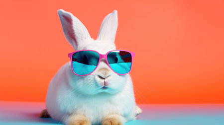 Cool bunny with sunglasses on a colorful background. Happy Easter card by generative AIの素材