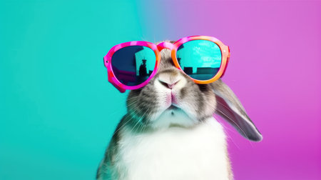 Cool bunny with sunglasses on a colorful background. Happy Easter card by generative AIの素材