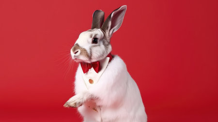 Elegant adult rabbit wearing a formal jacket and bow tie on a colorful background by generative AI.の素材