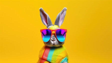 Cool bunny with sunglasses on a colorful background. Happy Easter card by generative AIの素材