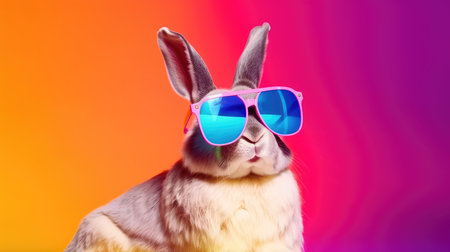 Cool bunny with sunglasses on a colorful background. Happy Easter card by generative AIの素材