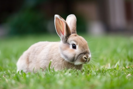 Adorable white rabbit on a green grass. Easter concept by generative AIの素材