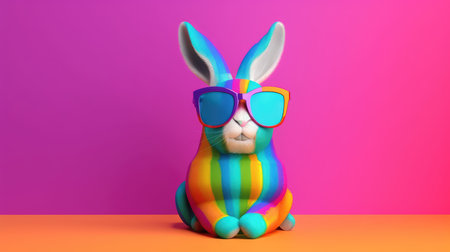 Cool bunny with sunglasses on a colorful background. Happy Easter card by generative AIの素材