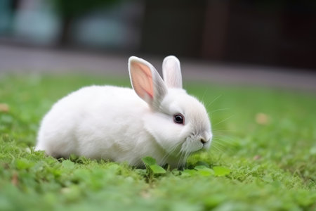 Adorable white rabbit on a green grass. Easter concept by generative AIの素材