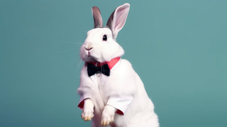 Elegant adult rabbit wearing a formal jacket and bow tie on a colorful background by generative AI.の素材