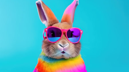 Cool bunny with sunglasses on a colorful background. Happy Easter card by generative AIの素材