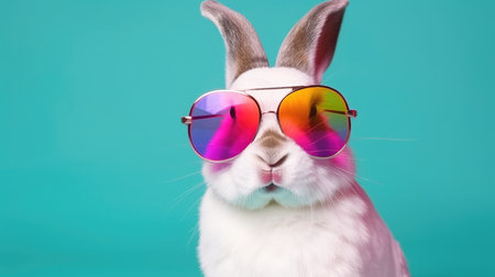 Cool bunny with sunglasses on a colorful background. Happy Easter card by generative AIの素材
