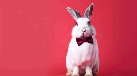 Elegant adult rabbit wearing a formal jacket and bow tie on a colorful background by generative AI.の素材