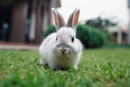 Adorable white rabbit on a green grass. Easter concept by generative AIの素材