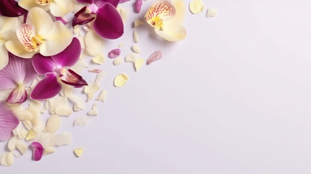Beautiful orchid petals on a colorful background. Spring concept by generative AIの素材
