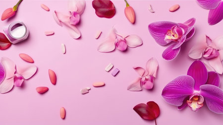 Beautiful orchid petals on a colorful background. Spring concept by generative AIの素材