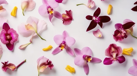 Beautiful orchid petals on a colorful background. Spring concept by generative AIの素材