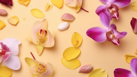 Beautiful orchid petals on a colorful background. Spring concept by generative AIの素材