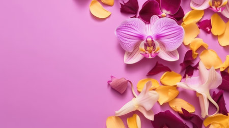 Beautiful orchid petals on a colorful background. Spring concept by generative AIの素材
