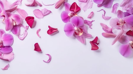 Beautiful orchid petals on a colorful background. Spring concept by generative AIの素材