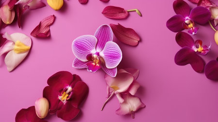 Beautiful orchid petals on a colorful background. Spring concept by generative AIの素材