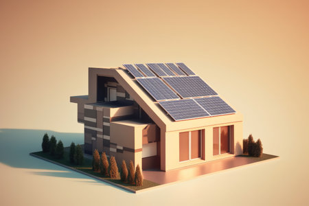 Modern house with solar panels on the roof. Clean energy concept by generative AIの素材