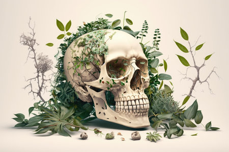 Skull surrounded by nature on black background. Generative AIの素材