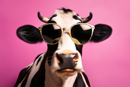 Funny cow wearing sunglasses on a pastel colorful background by generative AIの素材
