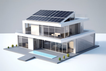 Modern house with solar panels on the roof. Clean energy concept by generative AIの素材