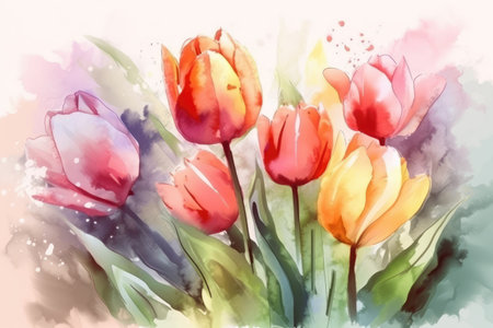 Beautiful floral set with watercolor spring tulip flowers. Spring concept by generative AIの素材
