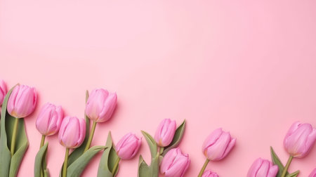 Beautiful floral set with spring tulip flowers on a pink background. Spring concept by generative AIの素材