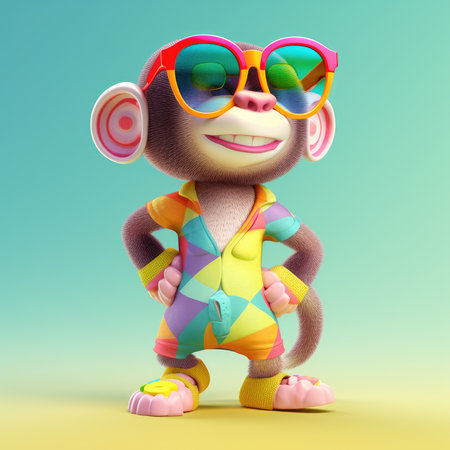 Funny monkey wearing sunglasses on a colorful background by generative AIの素材