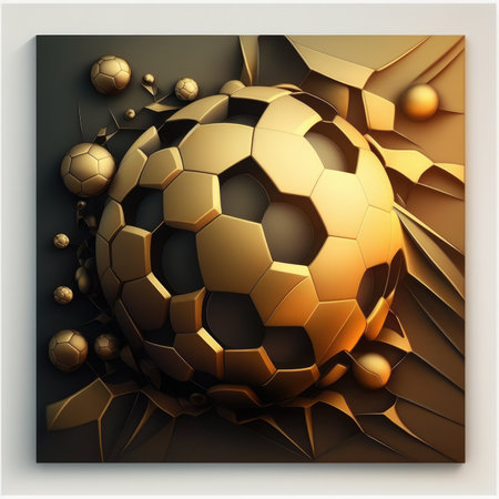 Golden soccer ball on a dark background. Success concept by generative AIの素材