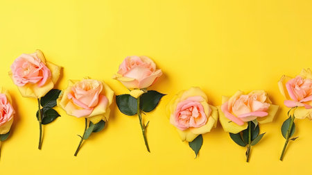 Pink roses on a yellow background. Spring concept by generative AIの素材
