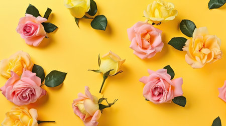 Pink roses on a yellow background. Spring concept by generative AIの素材