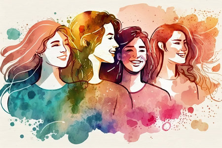 Colorful group of women of different ethnicities stand side by side together. Generative AIの素材