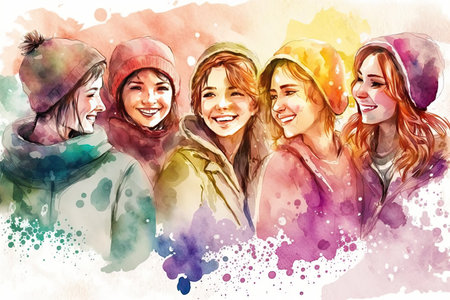 Colorful group of women of different ethnicities stand side by side together. Generative AIの素材