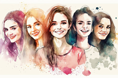 Colorful group of women of different ethnicities stand side by side together. Generative AIの素材