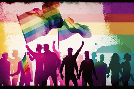 Pride festival with people celebrating. Rainbow colors background. Generative AIの素材