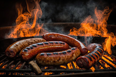 Meat on the barbecue with fire on the background. Generative AIの素材