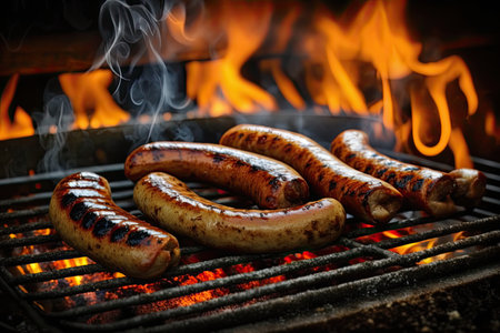Meat on the barbecue with fire on the background. Generative AIの素材