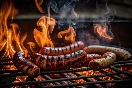 Meat on the barbecue with fire on the background. Generative AIの素材