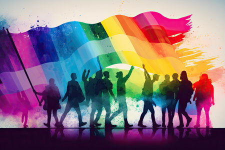Pride festival with people celebrating. Rainbow colors background. Generative AIの素材