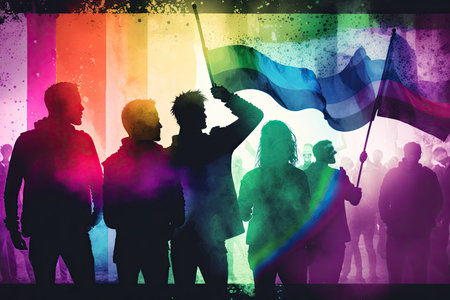 Pride festival with people celebrating. Rainbow colors background. Generative AIの素材