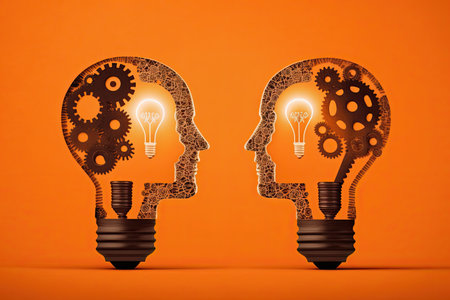 Human heads made of gears with light bulb shape. Generative AIの素材